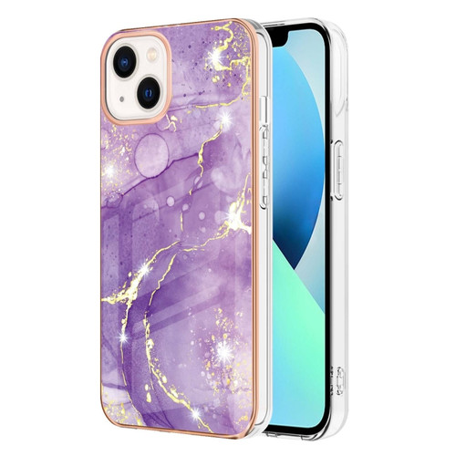 iPhone 15 Plus Electroplating Marble Pattern Dual-side IMD TPU Shockproof Phone Case - Purple 002