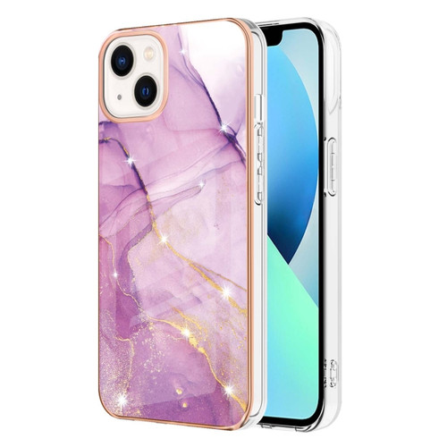 iPhone 15 Plus Electroplating Marble Pattern Dual-side IMD TPU Shockproof Phone Case - Purple 001