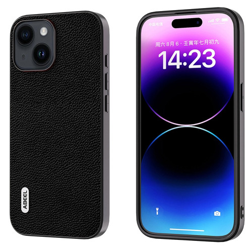 iPhone 15 Plus ABEEL Black Edge Genuine Leather Mino Phone Case - Black