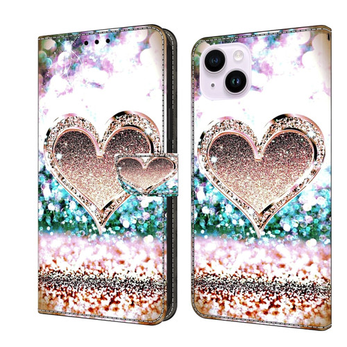 iPhone 15 Plus Crystal 3D Shockproof Protective Leather Phone Case - Pink Diamond Heart