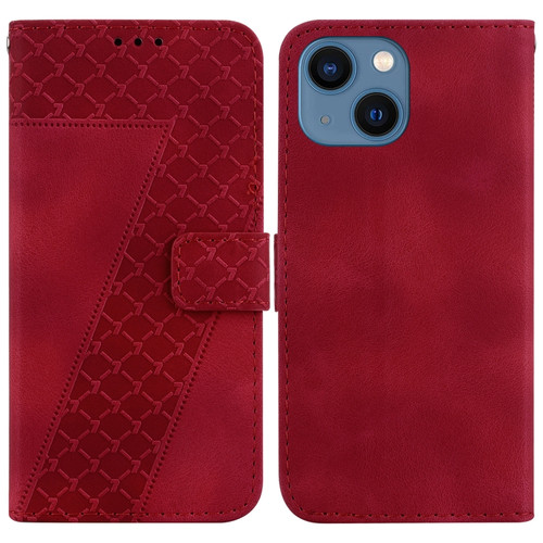 iPhone 15 Plus 7-shaped Embossed Leather Phone Case - Red
