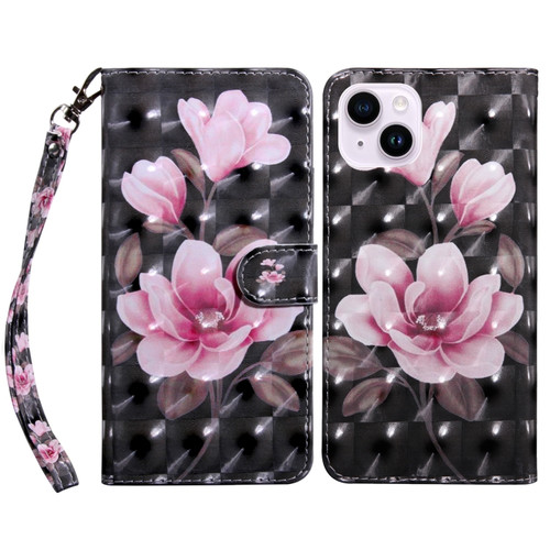 iPhone 15 Plus 3D Painted Leather Phone Case - Pink Flower