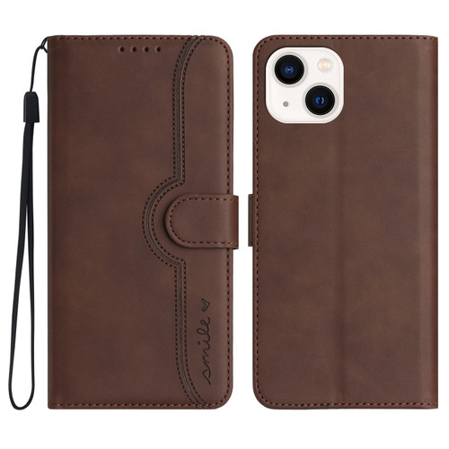 iPhone 15 Plus Heart Pattern Skin Feel Leather Phone Case - Brown