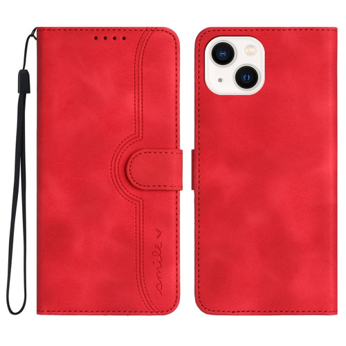 iPhone 15 Plus Heart Pattern Skin Feel Leather Phone Case - Red