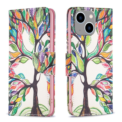 iPhone 15 Plus Colored Drawing Pattern Leather Phone Case - Tree Life