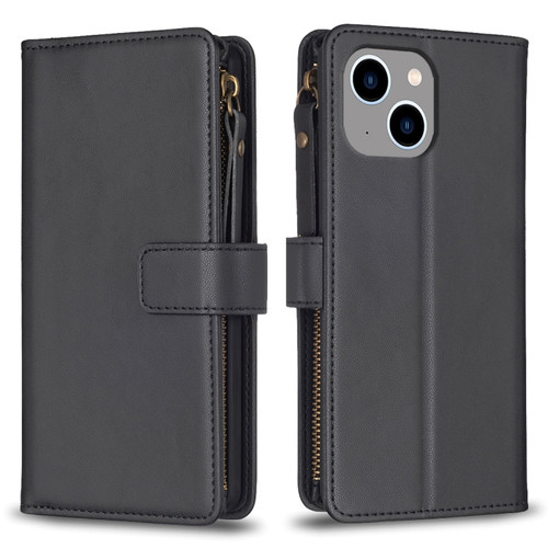 iPhone 15 Plus 9 Card Slots Zipper Wallet Leather Flip Phone Case - Black