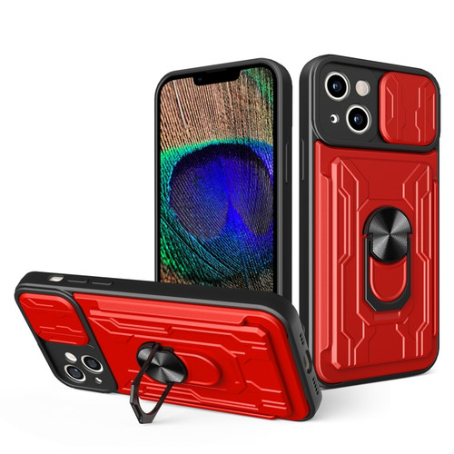 iPhone 15 Plus Sliding Camshield TPU+PC Phone Case with Card Slot - Red