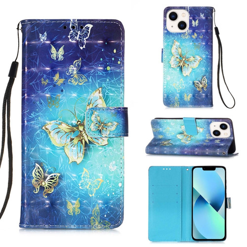 iPhone 15 Plus 3D Painting Horizontal Flip Leather Phone Case - Golden Butterfly