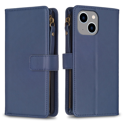 iPhone 15 Plus 9 Card Slots Zipper Wallet Leather Flip Phone Case - Blue