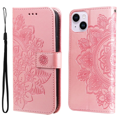 iPhone 15 Plus 7-petal Flowers Embossing Leather Phone Case - Rose Gold