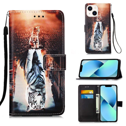 iPhone 15 Plus Colored Drawing Pattern Plain Weave Leather Phone Case - Cats And Tigers