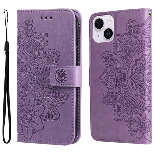 iPhone 15 Plus 7-petal Flowers Embossing Leather Phone Case - Light Purple