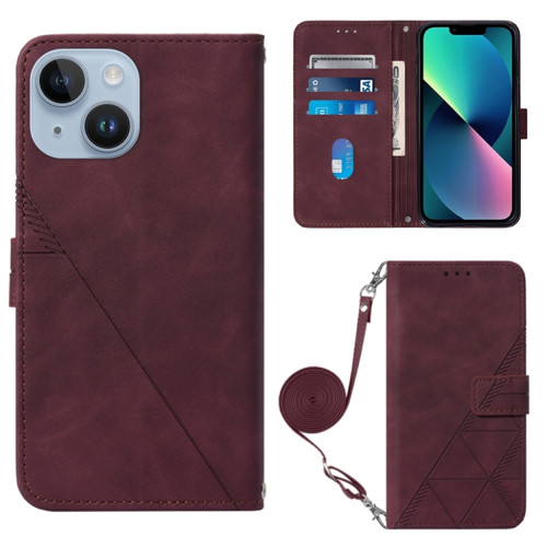 iPhone 15 Plus Crossbody 3D Embossed Flip Leather Phone Case - Wine Red