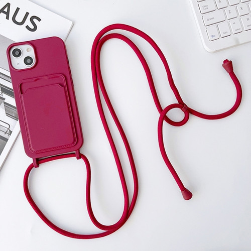 iPhone 15 Plus Crossbody Lanyard Elastic Silicone Card Holder Phone Case - Wine Red