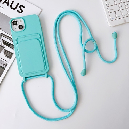 iPhone 15 Plus Crossbody Lanyard Elastic Silicone Card Holder Phone Case - Sky Blue