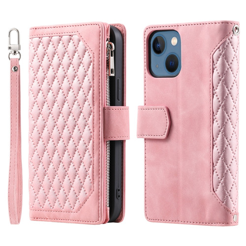 iPhone 15 Plus Grid Texture Zipper Leather Phone Case with Lanyard - Rose Gold
