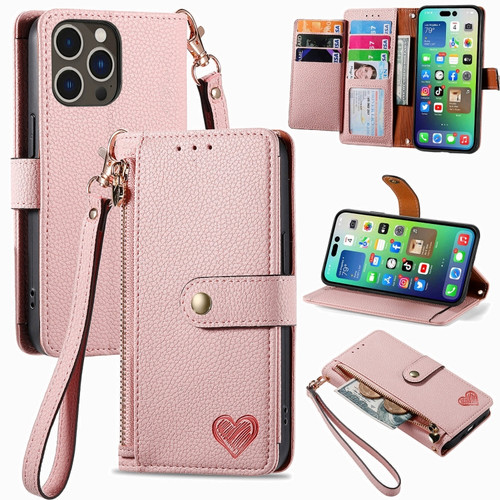 iPhone 15 Plus Love Zipper Lanyard Leather Phone Case - Pink