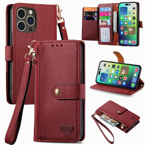 iPhone 15 Plus Love Zipper Lanyard Leather Phone Case - Red