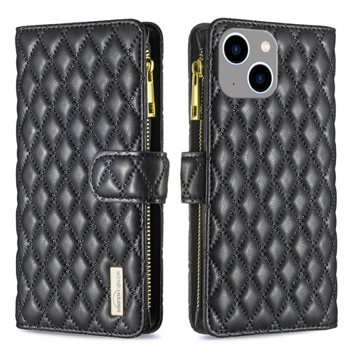 iPhone 15 Plus Diamond Lattice Zipper Wallet Leather Flip Phone Case - Black