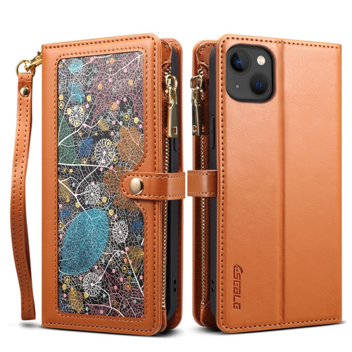 iPhone 15 Plus ESEBLE Star Series Lanyard Zipper Wallet RFID Leather Case - Brown
