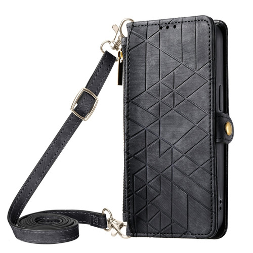 iPhone 15 Plus Geometric Zipper Wallet Side Buckle Leather Phone Case with Crossbody Lanyard - Black