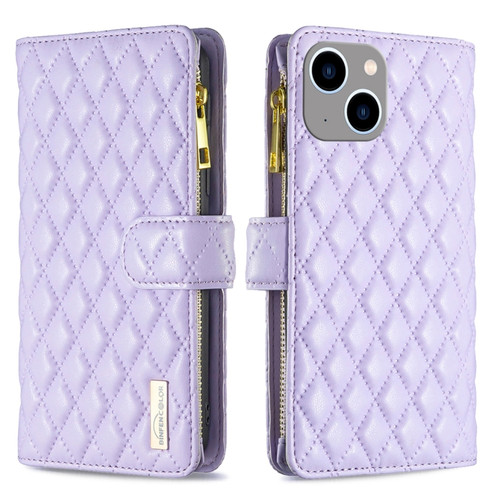 iPhone 15 Plus Diamond Lattice Zipper Wallet Leather Flip Phone Case - Purple