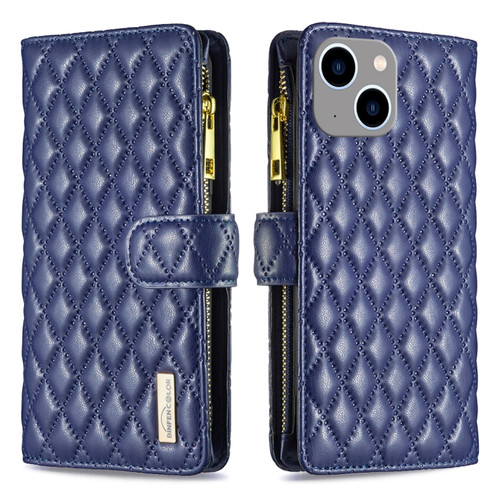 iPhone 15 Plus Diamond Lattice Zipper Wallet Leather Flip Phone Case - Blue
