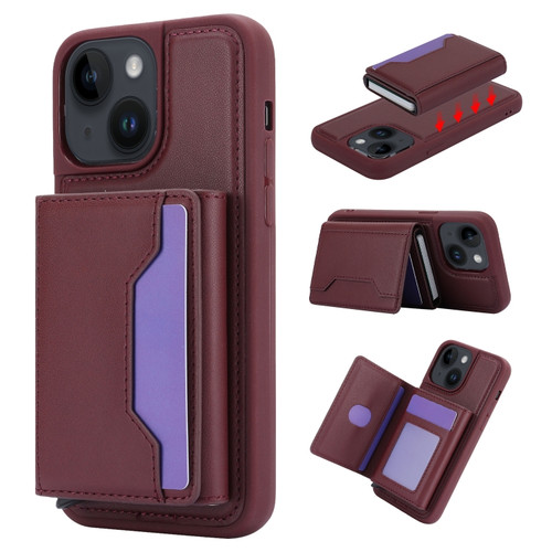 iPhone 15 Plus RFID Anti-theft Detachable Card Bag Leather Phone Case - Wine Red