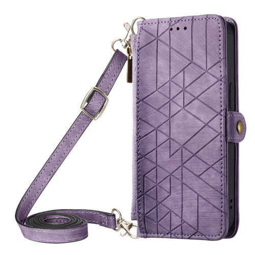 iPhone 15 Plus Geometric Zipper Wallet Side Buckle Leather Phone Case with Crossbody Lanyard - Purple