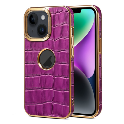 iPhone 15 Plus Denior Crocodile Texture Genuine Leather Electroplating Phone Case - Purple