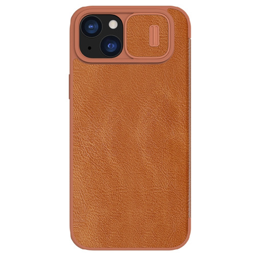 iPhone 15 Plus NILLKIN QIN Series Pro Sliding Camera Cover Design Leather Phone Case - Brown