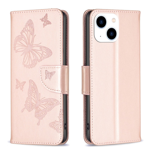 iPhone 15 Embossing Two Butterflies Pattern Leather Phone Case - Rose Gold