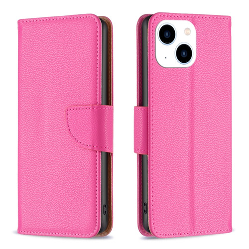iPhone 15 Litchi Texture Pure Color Flip Leather Phone Case - Rose Red