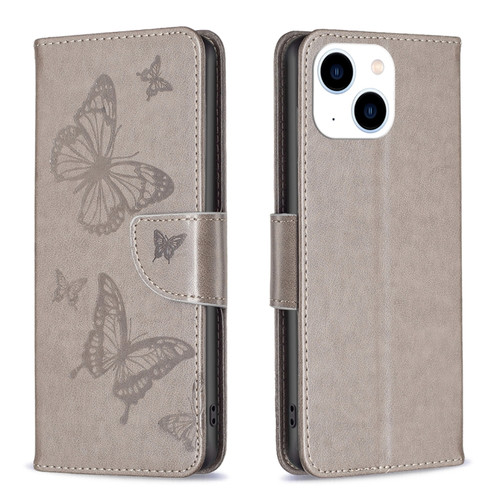 iPhone 15 Embossing Two Butterflies Pattern Leather Phone Case - Grey