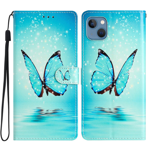 iPhone 15 Colored Drawing Leather Phone Case - Blue Butterfly