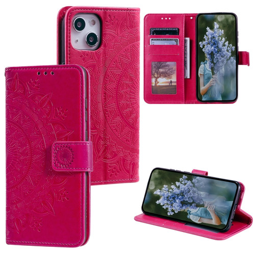 iPhone 15 Totem Flower Embossed Leather Phone Case - Red
