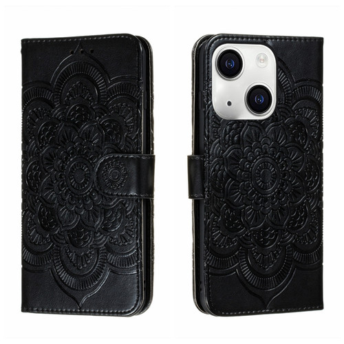 iPhone 15 Sun Mandala Embossing Leather Phone Case - Black