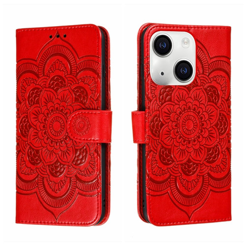 iPhone 15 Sun Mandala Embossing Leather Phone Case - Red