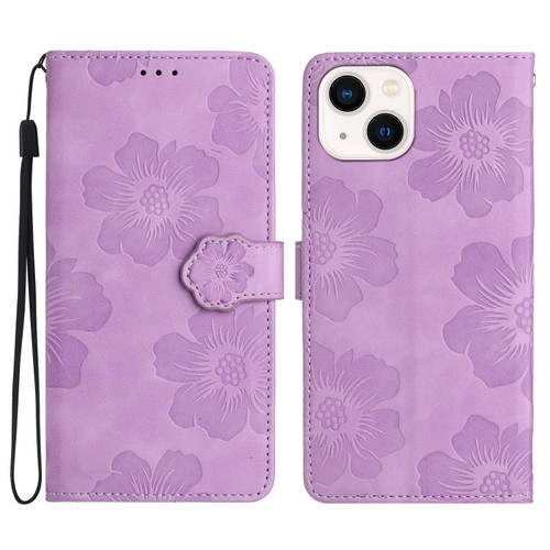 iPhone 15 Flower Embossing Pattern Leather Phone Case - Purple