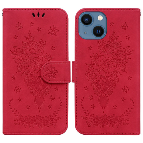 iPhone 15 Butterfly Rose Embossed Leather Phone Case - Red
