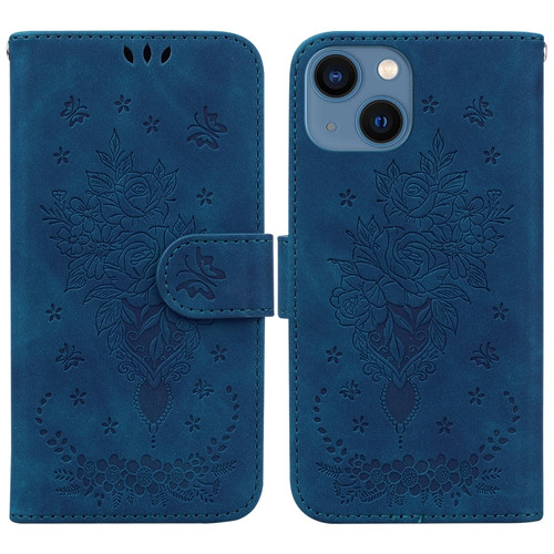 iPhone 15 Butterfly Rose Embossed Leather Phone Case - Blue