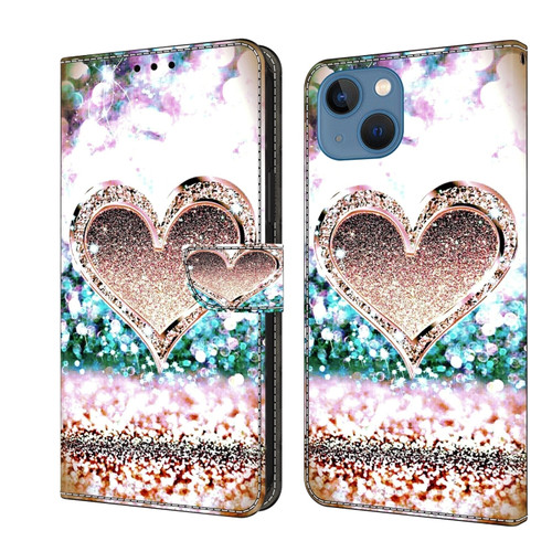 iPhone 15 Crystal 3D Shockproof Protective Leather Phone Case - Pink Diamond Heart