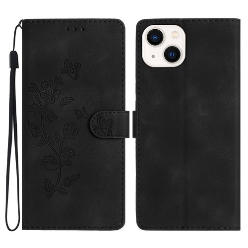 iPhone 15 Flower Butterfly Embossing Pattern Leather Phone Case - Black