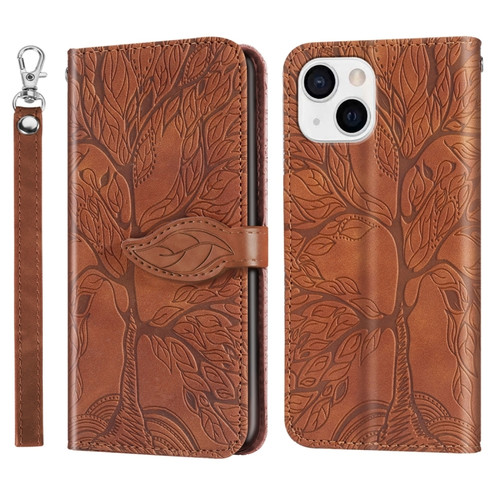 iPhone 15 Life Tree Embossing Pattern Leather Phone Case - Brown