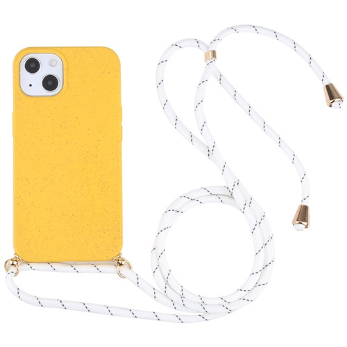 iPhone 15 Wheat Straw TPU Shockproof Phone Case with Neck Lanyard - Yellow