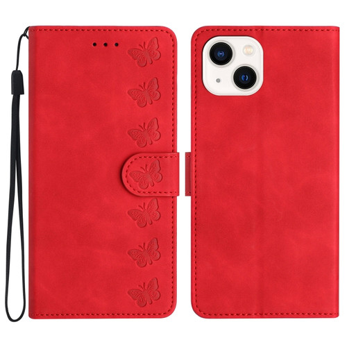 iPhone 15 Seven Butterflies Embossed Leather Phone Case - Red