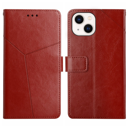 iPhone 15 HT01 Y-shaped Pattern Flip Leather Phone Case - Brown