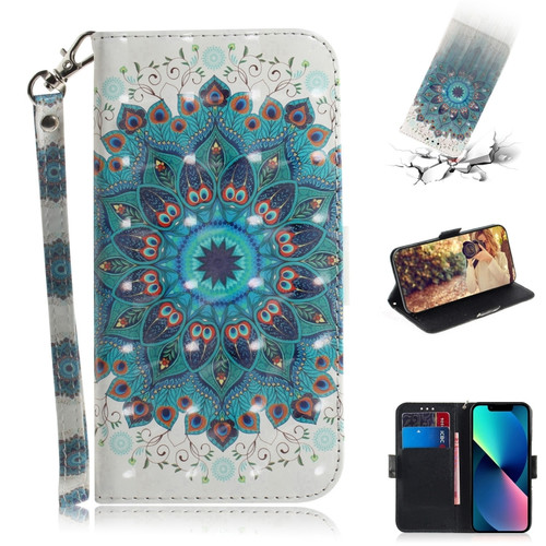 iPhone 15 3D Colored Horizontal Flip Leather Phone Case - Peacock Wreath