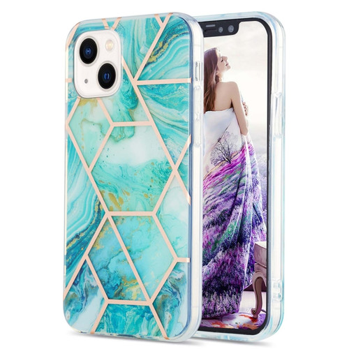 iPhone 15 Electroplating Splicing Marble Flower Pattern Dual-side IMD TPU Shockproof Phone Case - Blue