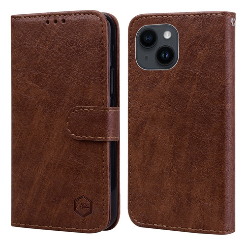 iPhone 15 Skin Feeling Oil Leather Texture PU + TPU Phone Case - Brown
